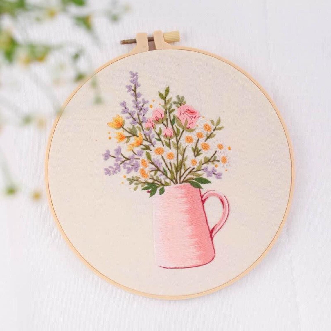 Modern Crewel Embroidery Kit with Pattern | Floral Embroidery Full Kit with Needlepoint Hoop| DIY Craft Kit