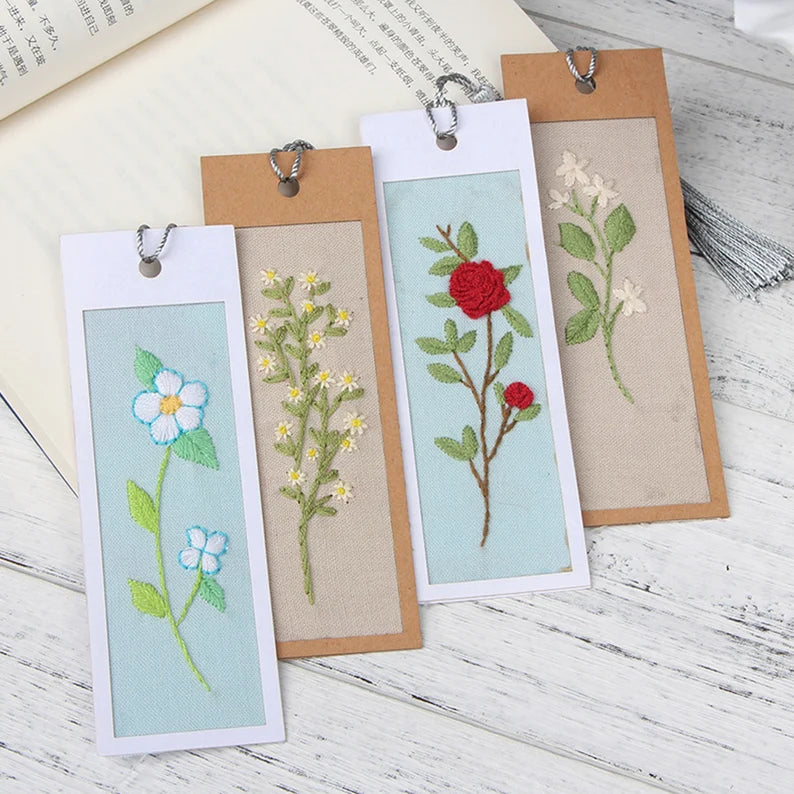 Bookmark Set Of Five DIY Needlepoint Hoop Hand embroidered Bookmark flower Gift for readers bookmark Beginner Embroidery Kit
