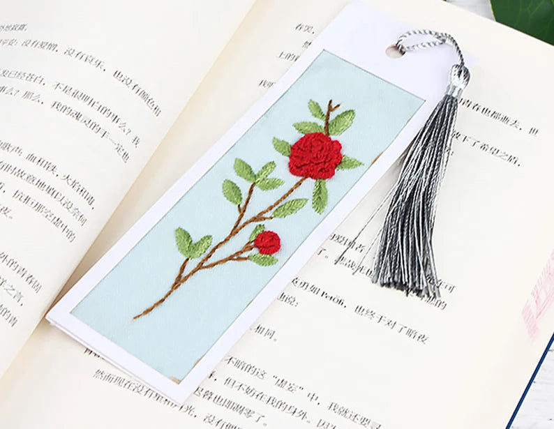 Bookmark Set Of Five DIY Needlepoint Hoop Hand embroidered Bookmark flower Gift for readers bookmark Beginner Embroidery Kit
